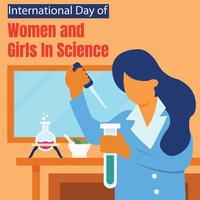 illustrazione vettore grafico di un' donna è analisi un' campione in un' campione tubo, Perfetto per internazionale giorno, donne e ragazze nel scienza, celebrare, saluto carta, eccetera.