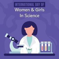 illustrazione vettore grafico di un' donna è fare test su un' laboratorio tavolo, mostrando microscopio e campione tubo, Perfetto per internazionale giorno, donne e ragazze nel scienza, celebrare, saluto carta, eccetera.