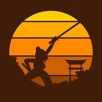 samurai Giappone spada cavaliere vettore logo su cerchio tramonto. guerriero sfondo per maglietta, manifesto, vestiario, merce, abbigliamento, distintivo design.