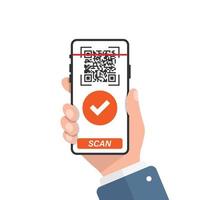 qr codice scansione illustrazione nel piatto stile. mobile Telefono lettura vettore illustrazione su isolato sfondo. codice a barre lettore nel mano cartello attività commerciale concetto.