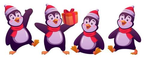 pinguino Natale personaggi impostato con Santa cappello, regalo e sciarpe vettore