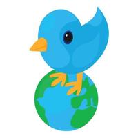 sociale Rete icona isometrico vettore. blu poco twittando uccello su il globo vettore