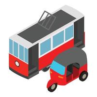 pubblico trasporto icona isometrico vettore. retrò tram e triciclo scooter mototaxi vettore