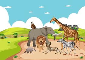 gruppo di animali selvatici africani nella scena dello zoo vettore