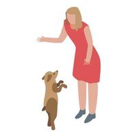 donna prendere cucciolo cane icona, isometrico stile vettore