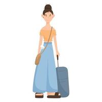 vettore isolato piatto illustrazione di un' in viaggio donna con un' valigia e un' Borsa al di sopra di sua spalla.