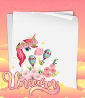 banner di carta bianca con unicorno carino sullo sfondo del cielo pastello vettore