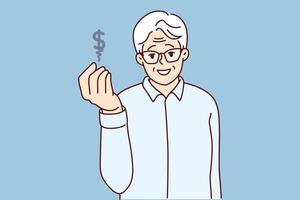 anziano uomo mostrando dollaro cartello Salvataggio i soldi per futuro. sorridente maturo nonno rendere i soldi investimenti guadagno a partire dal aliquote. bancario e finanze. vettore illustrazione.