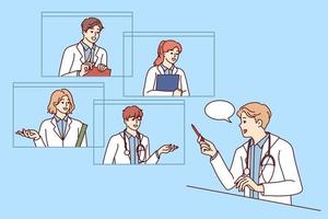 maschio medico parlare su video chiamata con colleghi consulenza. gp avere in linea consultazione con collaboratori su webcam. lavoro di squadra. vettore illustrazione.