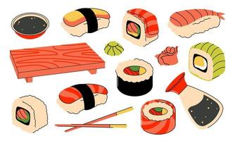 un' impostato di giapponese Sushi cibo, rotoli. elementi per asiatico cibo. giapponese cucina. vettore illustrazione asiatico piatti per menu e ristoranti.