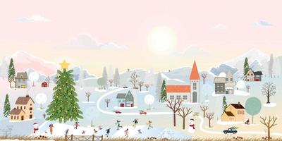 inverno paesaggio nel villaggio, Natale e nuovo anno celebre nel il città, vettore di orizzontale bandiera inverno Paese delle meraviglie nel il cittadina con contento bambini slittino e coppia con sciare nel il parco
