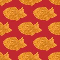 taiyaki senza soluzione di continuità modello. a forma di pesce torta con rosso fagiolo Riempimento. giapponese strada cibo. cartone animato vettore illustrazione.