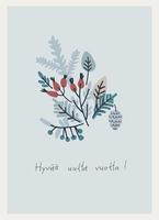 hyvaa huutta vuotta. finlandese nuovo anno saluto carta. elegante design con mano disegnato abete alberi e mano lettering su turchese sfondo. testo nel finlandese dice contento nuovo anno vettore