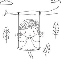 mano disegnato cartone animato contento bambini, azione vettore - immaginazione illustrazione, ragazza giocando su un' swing