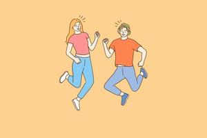 salto adolescenti, felicità, avendo divertimento concetto. contento ragazzo e ragazza fratello sorella o amici salto insieme e avendo divertimento. estate divertimento tempo libero attività a fine settimana vacanza illustrazione vettore