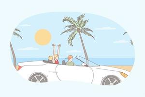 guida durante vacanze concetto. giovane contento coppia cartone animato personaggi seduta nel auto e guida lungo mare nel estate durante in viaggio viaggio vettore illustrazione