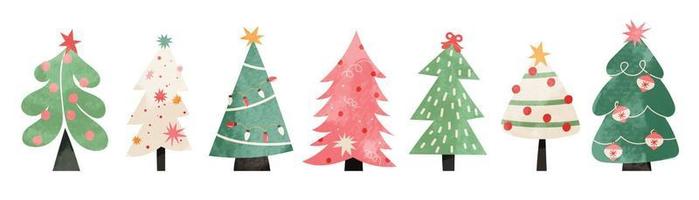impostato di acquerello Natale albero vettore illustrazione. collezione di mano disegnato carino decorativo Natale alberi isolato su bianca sfondo. design per etichetta, decorazione, carta, manifesto, opera d'arte.