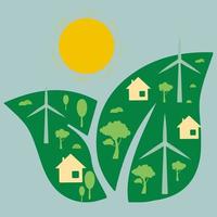 icona, etichetta, pulsante su il tema di Salvataggio e rinnovabile energia con foglie, alberi, Casa e vento turbine. vettore