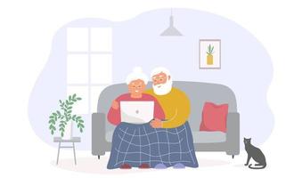 un anziano coppia a casa su il divano Guardando un' il computer portatile. comunicazione di persone in linea mentre soggiorno a casa. attivo contento vecchio età insieme. vettore grafica.