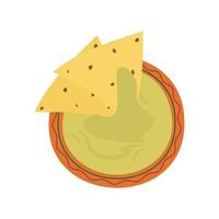 tradizionale messicano guacamole salsa e 2 nachos Mais patatine fritte nel un' ciotola nel cartone animato stile. messicano cibo vettore