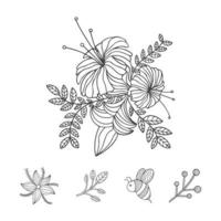 fiore, foglie, ape linea arte illustrazione vettore