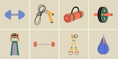 sport attrezzatura elementi nel moderno piatto linea stile. mano disegnato fitness inventario, Palestra Accessori vettore illustrazioni. salutare stile di vita. manubrio, bilanciere, punzonatura Borsa, yoga stuoia, saltare corda.