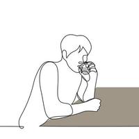 un' uomo si siede solo e bevande alcool a partire dal un' bicchiere - uno linea disegno vettore. concetto alcolizzato bevande Vodka vettore