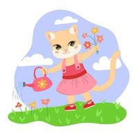 vettore Immagine di un' carino cartone animato gattino nel un' rosa vestito con un' pinkwatering può nel uno zampa e fiori nel altro