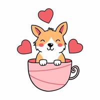 carino corgi cane è seduta nel tè tazza. vettore scarabocchio illustrazione per San Valentino giorno. divertente cucciolo. etichetta con cuore.