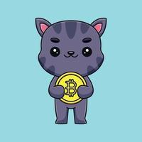 carino gatto Tenere bitcoin cartone animato portafortuna scarabocchio arte mano disegnato schema concetto vettore kawaii icona illustrazione