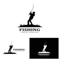 vettore icona logo pesca, pescare pesce sulla barca, design silhouette tramonto all'aperto