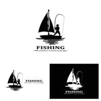 vettore icona logo pesca, pescare pesce sulla barca, design silhouette tramonto all'aperto