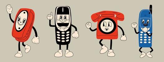 impostato di tre vecchio Telefono con antenna, Flip Telefono. carino cartone animato personaggio con mani, gambe, occhi. retrò comico stile. vettore