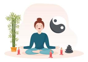 feng shui orientale filosofia con pietre, persone e impianti per positivo energia di cinque elementi nel piatto cartone animato mano disegnato modelli illustrazione vettore