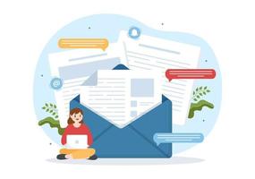 e-mail servizio con corrispondenza consegna, elettronico posta Messaggio e attività commerciale marketing nel piatto cartone animato mano disegnato modelli illustrazione vettore