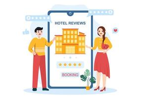 Hotel revisione con valutazione servizio, utente soddisfazione per nominale cliente, Prodotto o Esperienza nel piatto cartone animato mano disegnato modelli illustrazione vettore