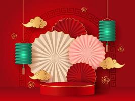 Cinese nuovo anno sfondo con podio e fiori vettore