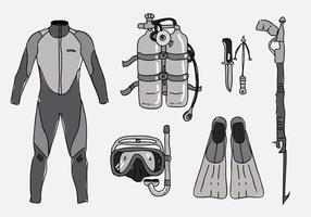 Illustrazione disegnata a mano di vettore dell'accumulazione dell'attrezzatura di Spearfishing