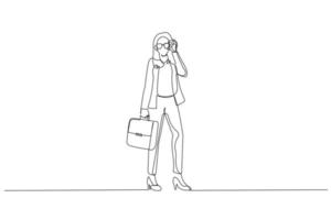 cartone animato di giovane donna d'affari parlando su il mobile Telefono. singolo linea arte stile vettore