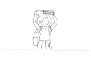 cartone animato di bambino scuola ragazza hold libri su sua testa. uno linea stile arte vettore