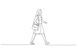 illustrazione di donna d'affari a piedi nel un' fretta passato per attività commerciale viaggio. singolo continuo linea arte stile vettore