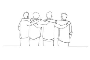 cartone animato di gruppo di amici mettendo braccia su le spalle abbraccio uno altro. uno linea arte stile vettore
