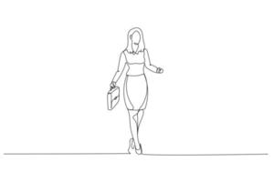 disegno di donna d'affari a piedi inoltrare trasporto pelle Borsa. singolo continuo linea arte vettore