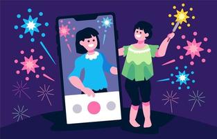 celebrazione virtuale della festa dei fuochi d'artificio di capodanno vettore