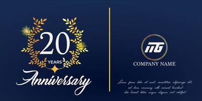 20 anniversario logo con elegante ornamento monogramma e logo nome modello su elegante blu sfondo, brillare, vettore design per saluto carta.