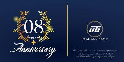 08 anniversario logo con elegante ornamento monogramma e logo nome modello su elegante blu sfondo, brillare, vettore design per saluto carta.