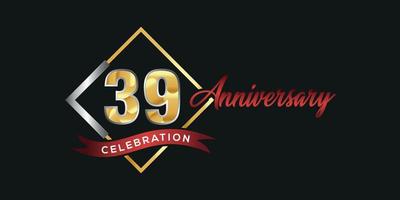 39th anniversario logo con d'oro e argento scatola, coriandoli e rosso nastro isolato su elegante nero sfondo, vettore design per saluto carta e invito carta