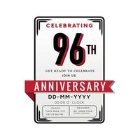 96 anni anniversario logo celebrazione e invito carta con rosso nastro isolato su bianca sfondo vettore