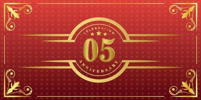 05 anniversario logo con d'oro squillo, coriandoli e oro confine isolato su elegante rosso sfondo, brillare, vettore design per saluto carta e invito carta