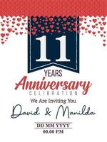 11 ° anni anniversario logo celebrazione con amore per celebrazione evento, compleanno, nozze, saluto carta, e invito vettore